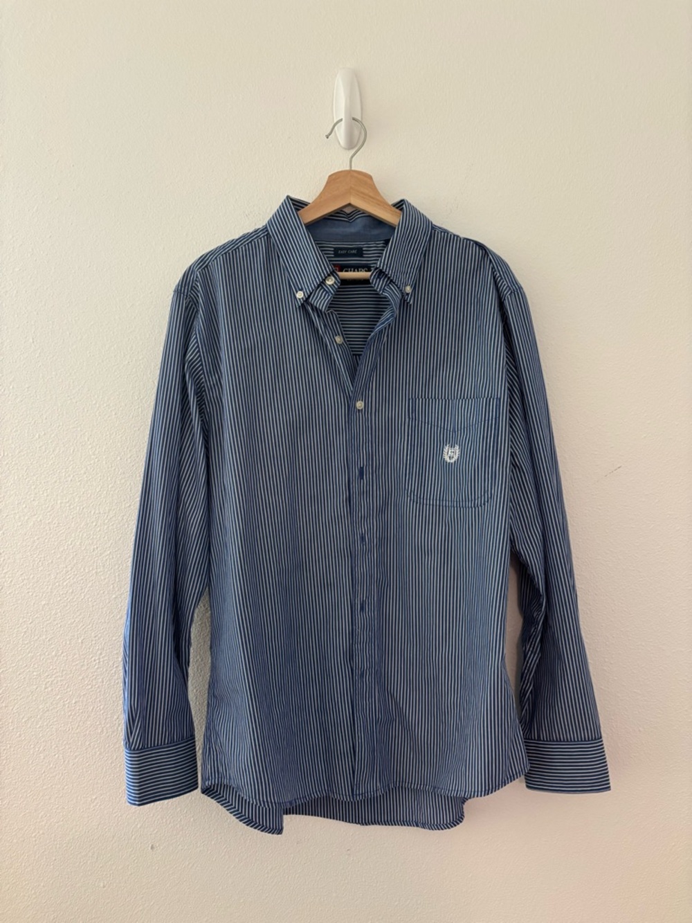 Chaps blue and white striped button up shirt